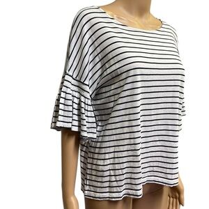 14th & Union White and Black Striped Ruffle Half Sleeve Tee Shirt Top Petite M